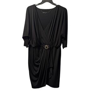 David Meister Black Beaded Waist Drape Dress 16W V-Neck Stretch Dress